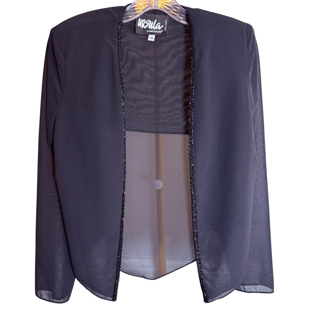 Ursula of Switzerland Jacket Women 10 Navy Blue Chiffon Beaded Formal Bolero